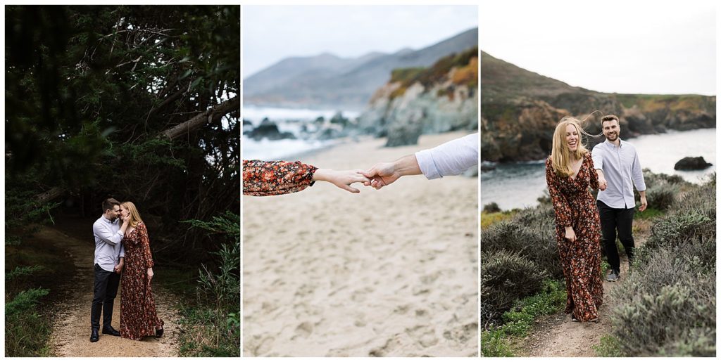 3 portraits of the couple during their Big Sur Sunset Engagement Shoot; the first is the couple embracing under deep dark green trees in a forest, the second is just their arms outstretched and taking each other's hand, the third is the woman leading her fiancé through a grassy trail with the ocean behind them