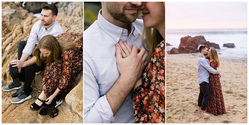 3 portraits of the couple where they're taking off their shoes on the rocks, the second is a close up of their hands on top of each other and placed on the man's chest, the third is the couple sharing a kiss on the sand with cotton candy skies above the ocean behind them by film photographer AGS Photo Art