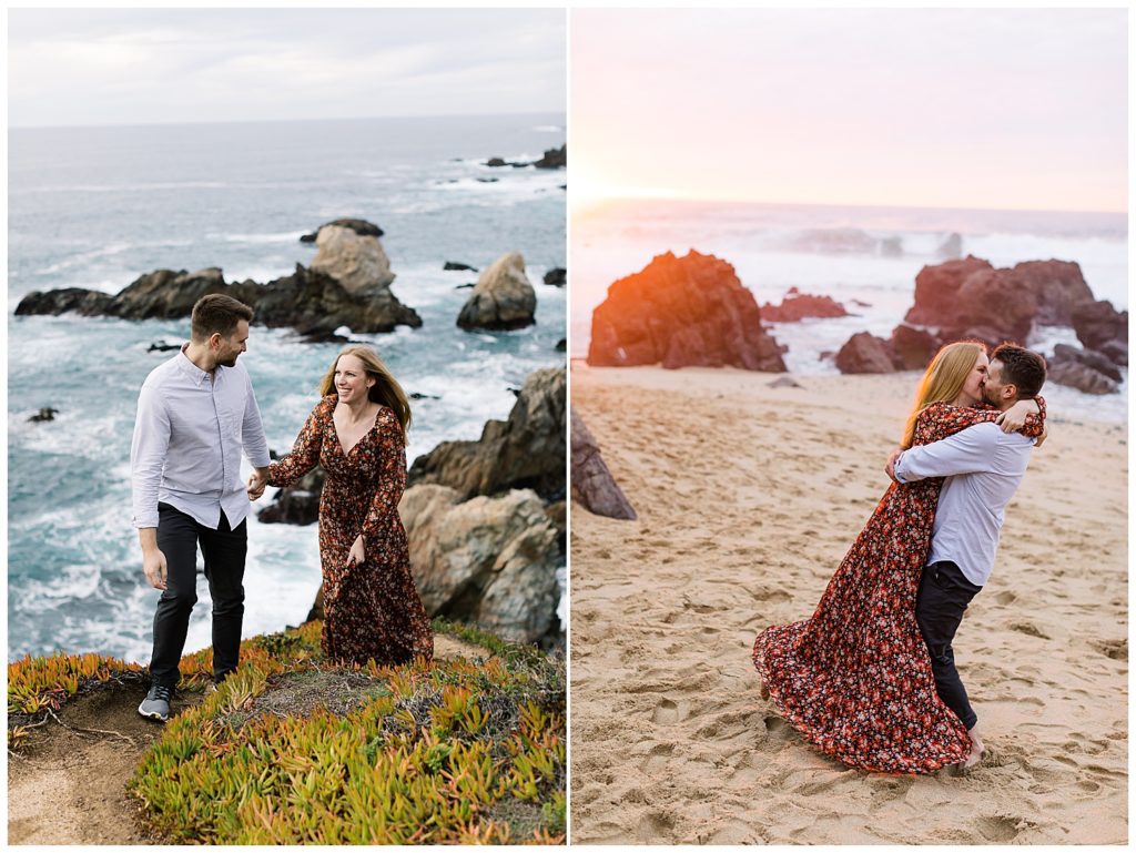 Big Sur Sunset Engagement protraits of the couple adventuring up a sandy trail on the coastline then sharing a kiss on the sand with a cotton candy sunset behind them above the water by film photographer AGS Photo Art