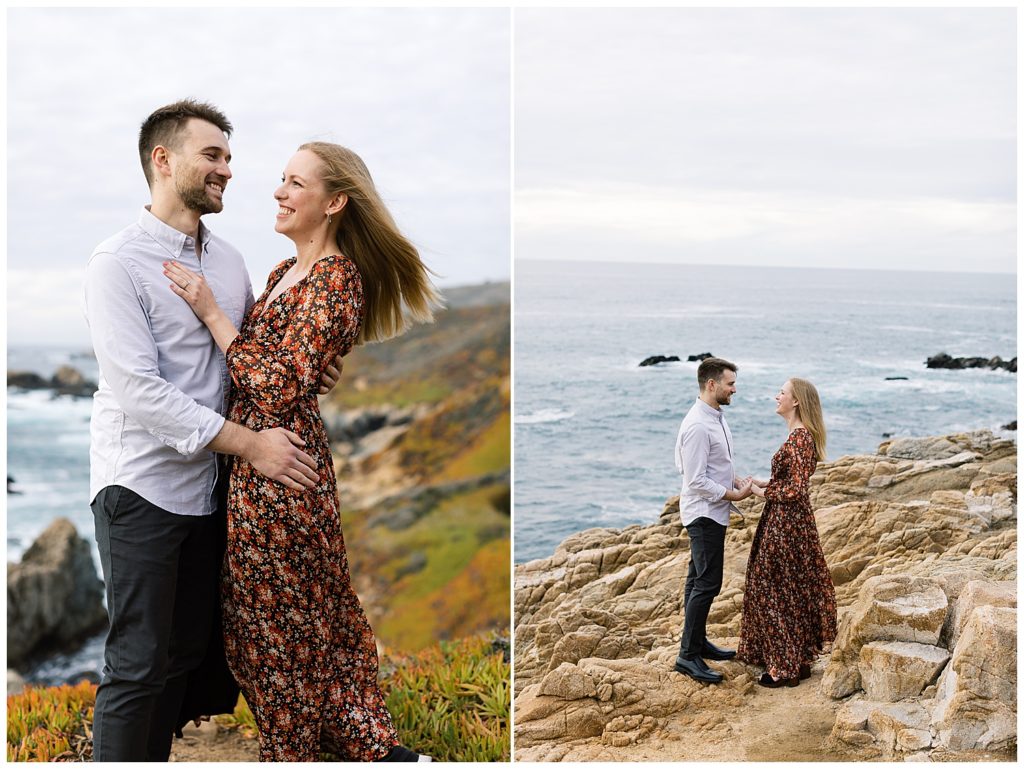 Big Sur Sunset Engagement Shoots of the couple embracing and smiling at each other with the blue ocean waves rolling behind them
