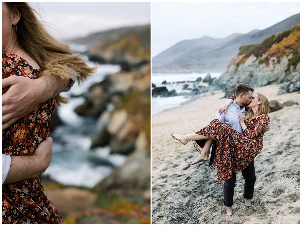 Big Sur Sunset Engagement Shoot in the sand with the man bridal style carrying his fiancée while they share a kiss