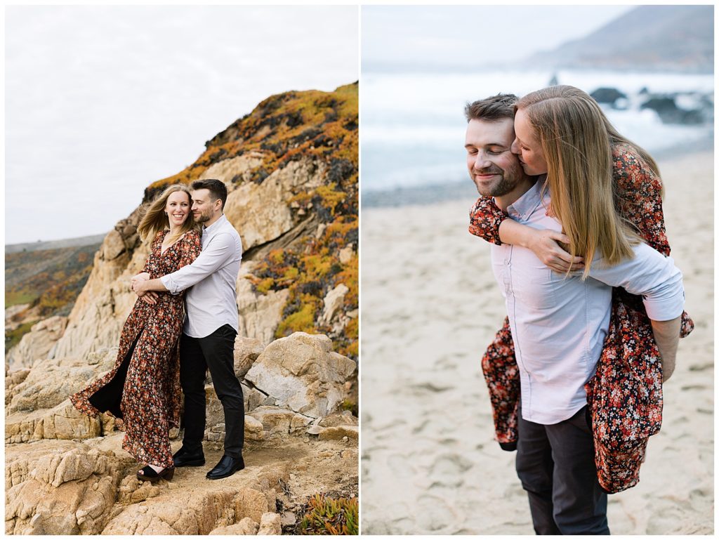 windswept portrait of the couple on the rocky cliffs of Big Sur, CA; the second portrait is of the couple where the man is giving his fiancée a piggyback ride as she kisses his cheek by film photographer AGS Photo Art