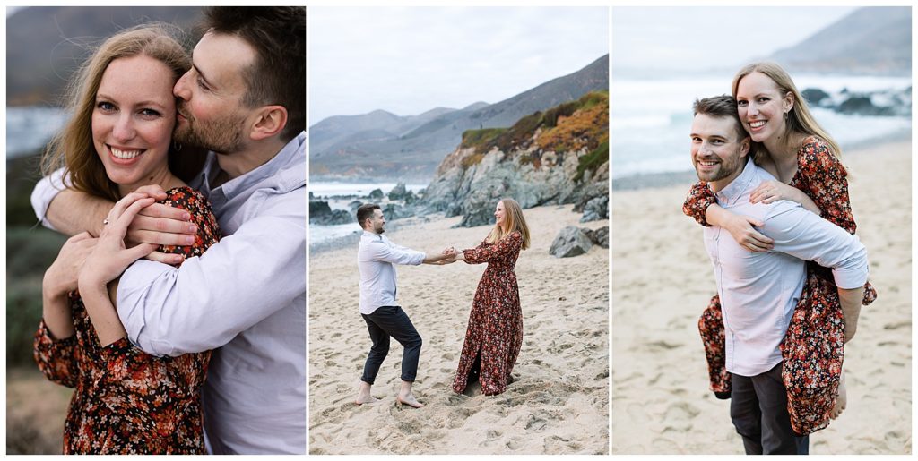 Big Sur Sunset Engagement Shoot portraits of the couple dancing happily in the sand
