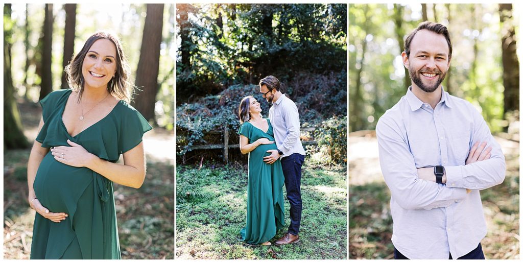 panel of 3 portraits of couple's Redwood Maternity Session; the left photo is of the mother to be in a green wrap dress, the middle photo is the couple together with the husband's hand resting on his wife's baby bump; the right photo is of the father to be in a light blue dress shirt and a black watch by film photographer AGS Photo Art