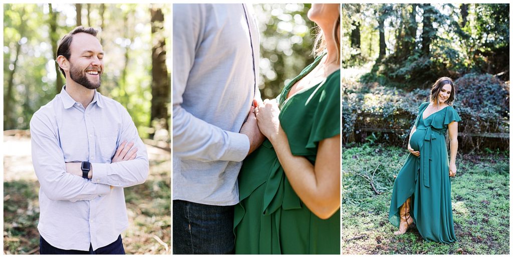 Redwood Maternity Session panel of 3 family portraits; the photo on the left is of the father to be smiling and laughing; the middle photo is the couple from the chest down as they embrace and hold each other's hands; the right photo is of the mother to be in a green wrap dress and brown boots by film photographer AGS Photo Art
