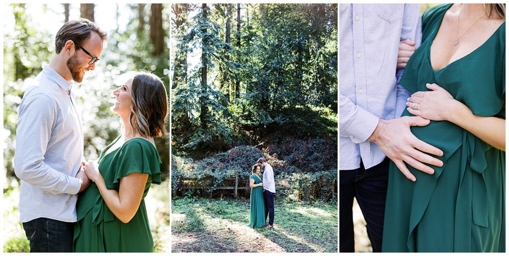 family portraits in the redwoods; the couple embracing with the husband's hand on his wife's belly as they smile at each other by film photographer AGS Photo Art