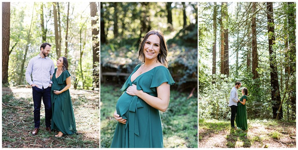 redwood maternity session family portraits with the couple surrounded by tree trunks and soft focus light filtering through the leaves by film photographer AGS Photo Art