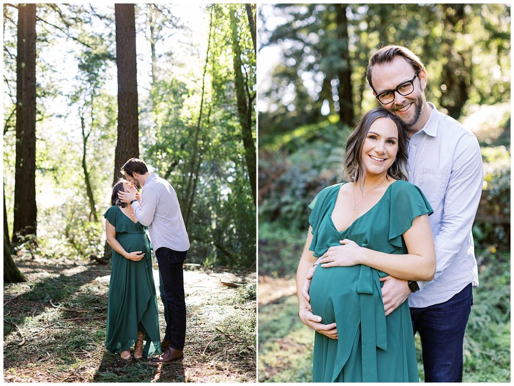 couple portraits in the forest of the husband kissing his pregnant wife; in the next portrait, the couple is smiling at the camera with the husband resting his cheek on top of his wife's head while her hands frame her baby belly
