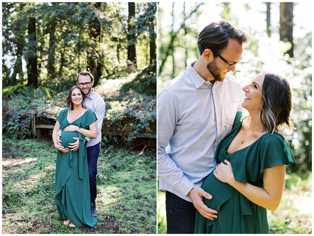family portraits in the redwood forest of the couple celebrating the coming of their baby boy
