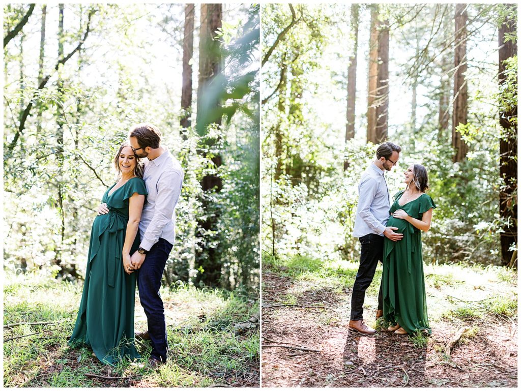 Sequoia Redwood Maternity Session portraits of the couple in the woods smiling and celebrating their roles as parents to be