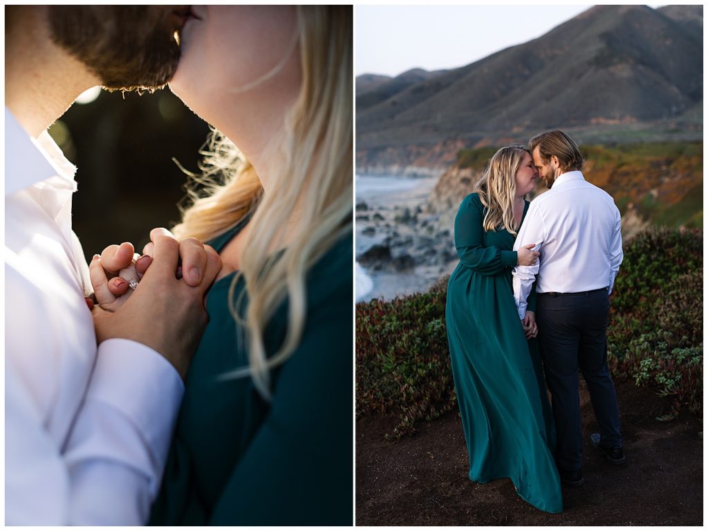 couple's Sunset Big Sur Engagement Portraits; the left photo shows them sharing a kiss hand in hand; the right photo is full-bodied with the woman in a teal flowy wrap dress and the man in a white button up and black slacks, she's holding his arm and hand and their foreheads are pressed against each other's