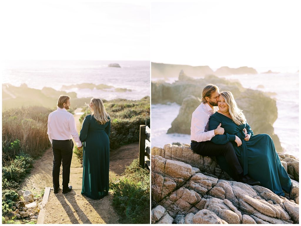 couple facing away from the camera towards the Pacific Ocean for their Sunset Big Sur Engagement Portraits; in the right phot, they're sitting together on the rocks as the man kisses his fiancée's temple by film photographer AGS Photo Art