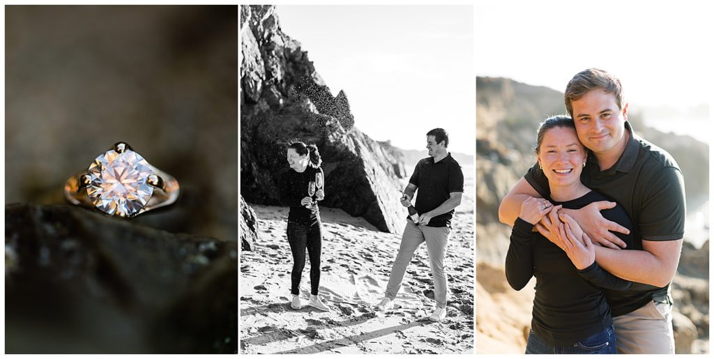 close up of engagement ring; couple popping a bottle of champagne; Big Sur Surprise Proposal On The Coastline couple portait