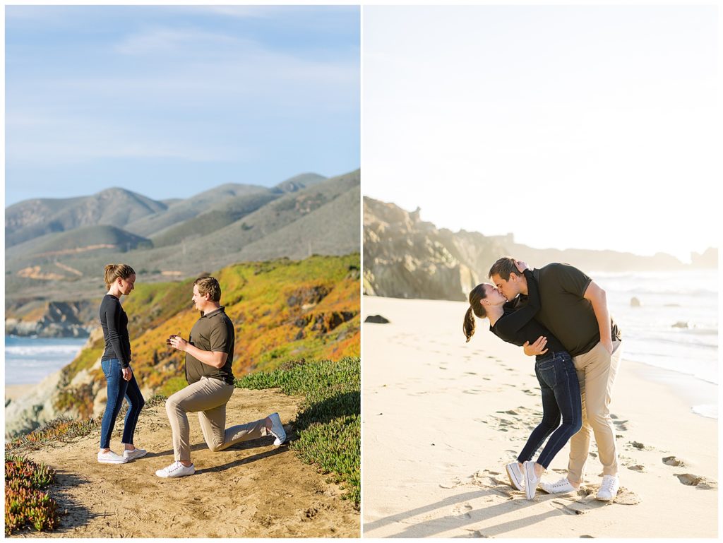Big Sur Surprise Proposal On The Coastline; couple dip kiss pose