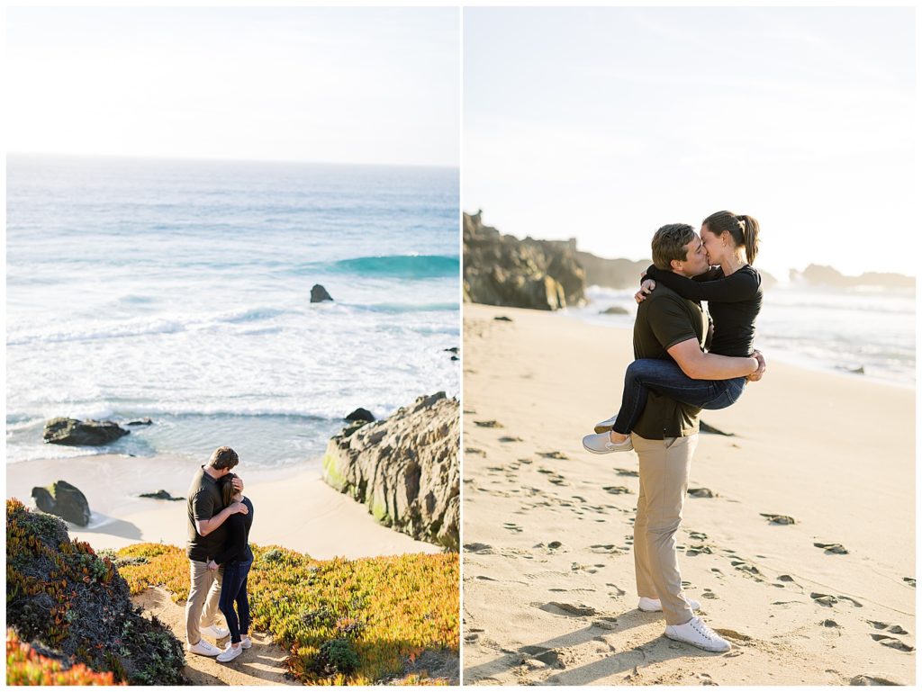 couple embracing on the beach in Big Sur, CA for their Surprise Proposal On The Coastline