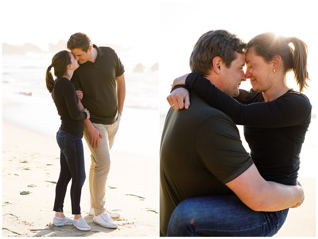 couple sharing a kiss on the sand in Big Sur, CA for their Surprise Proposal On The Coastline
