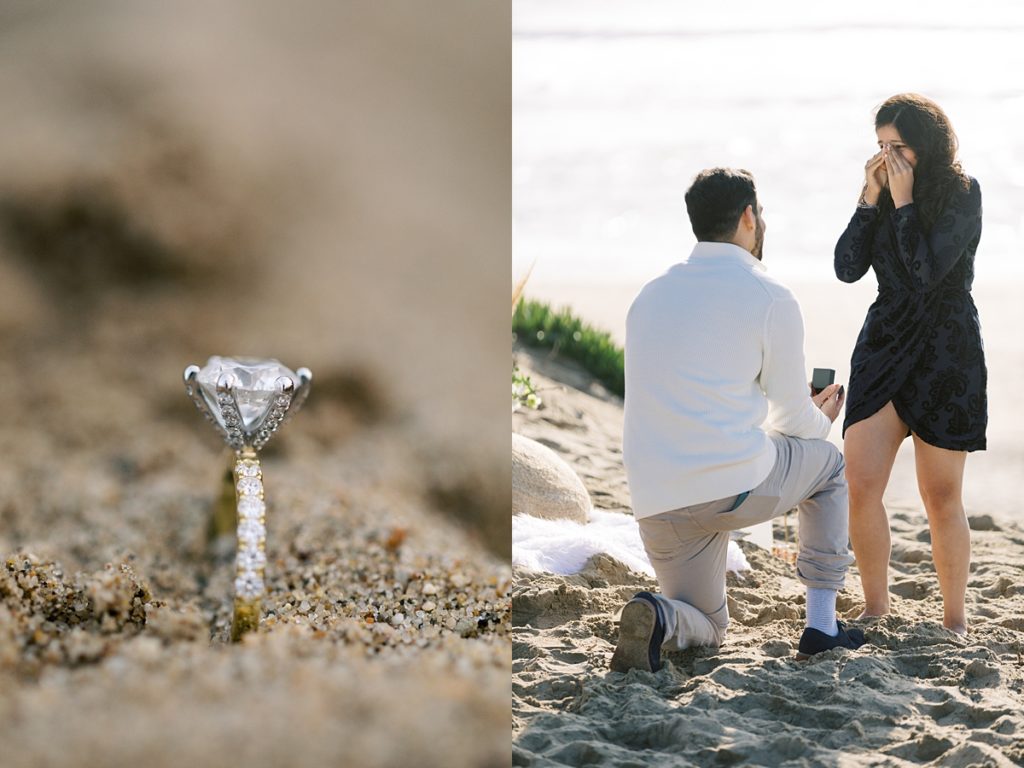 ring in the sand; surprise proposal at the beach by film photographer AGS Photo Art