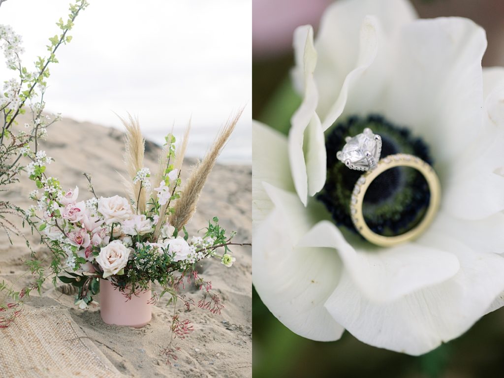 floral arrangement by Seascape Flowers and close up of the engagement ring by film photographer AGS Photo Art