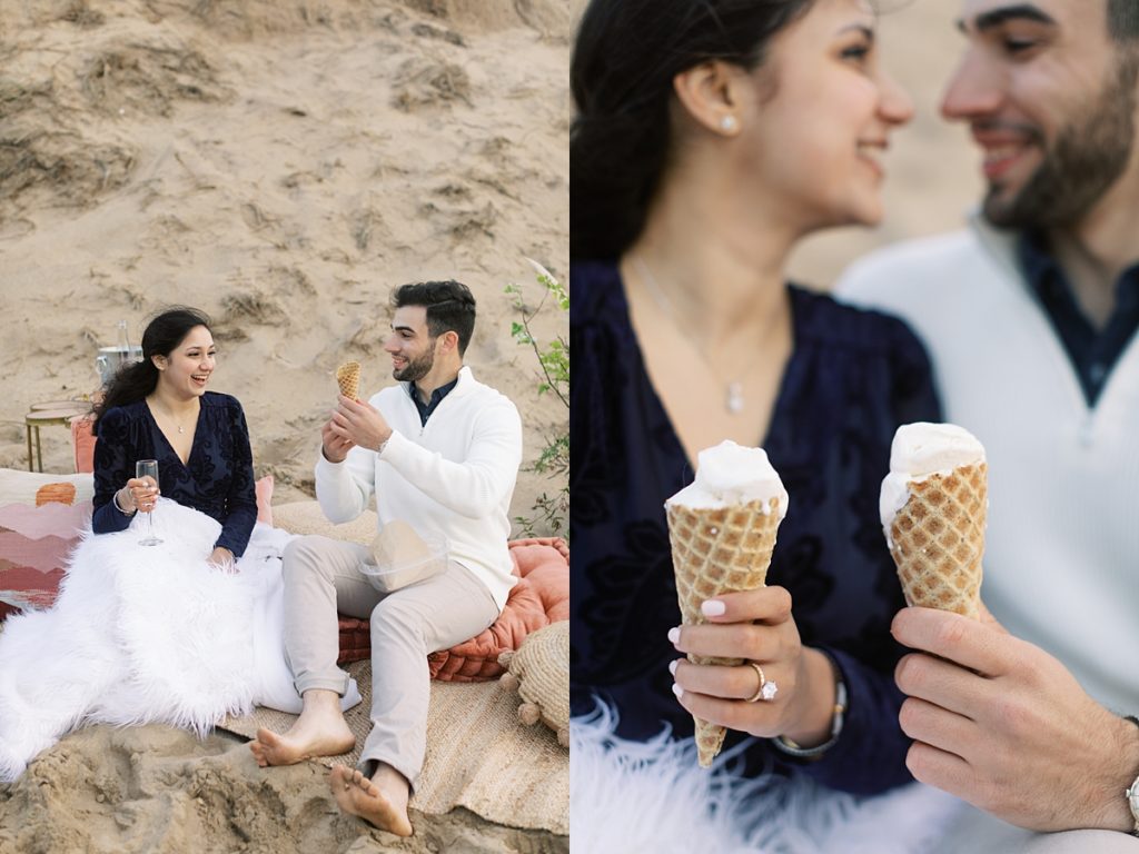 surprise proposal with vanilla ice cream and waffle coans