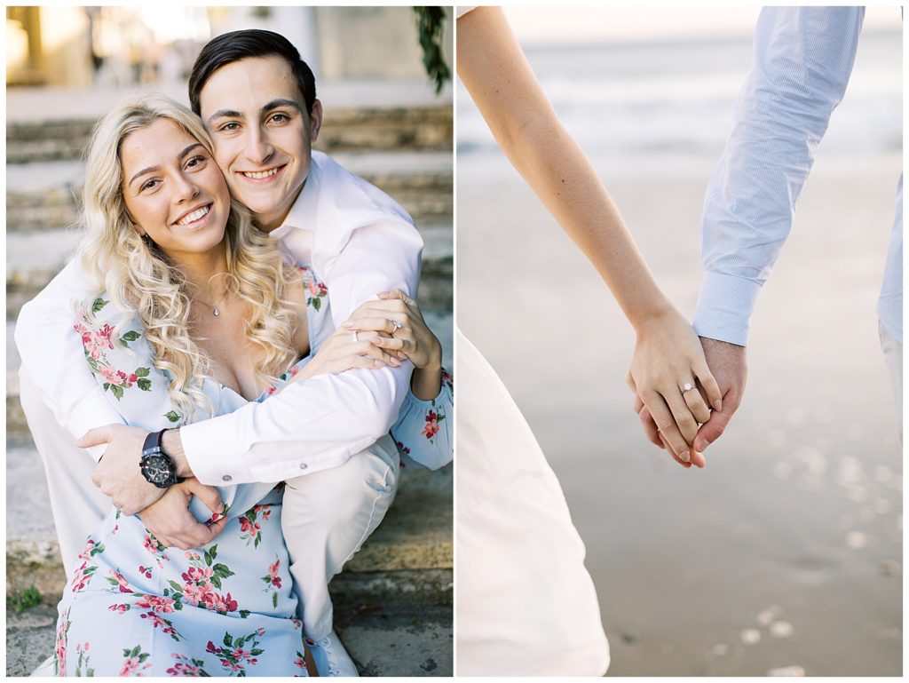 couple sitting on the steps and smiling at the camera at Santa Barbara Courthouse for their engagement session; couple hand in hand walking towards the waves at Butterfly Beach by film photographer AGS Photo Art