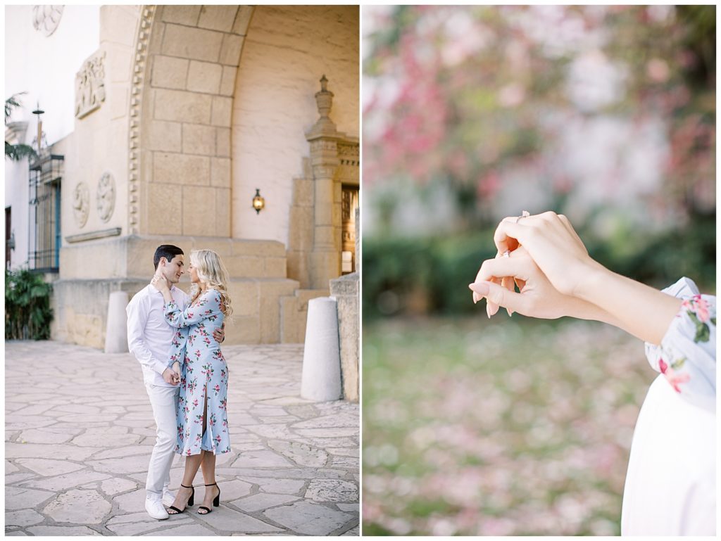 couple portraits under the archway and in the gardens at the Santa Barbara Courthouse