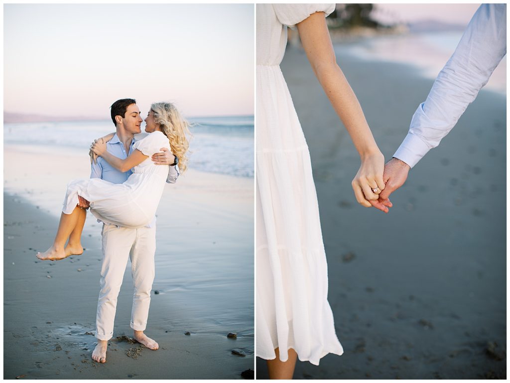bridal style carry; couples Engagement Portrait Session at Butterfly Beach in Santa Barbara, CA