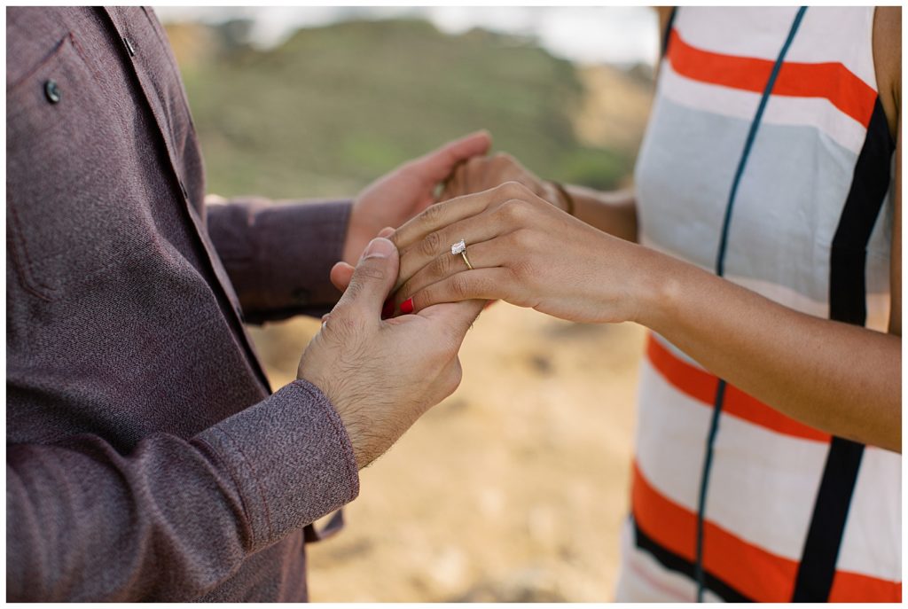 close up landscape photo of the couple holding hands with the ring on her hand by film photographer AGS Photo Art