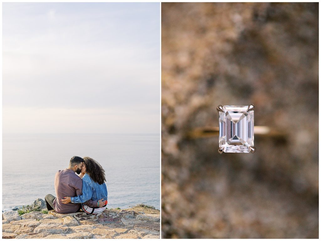 close up of Epic Big Sur Surprise Proposal ring; couple sharing a kiss on the cliffside by film photographer AGS Photo Art