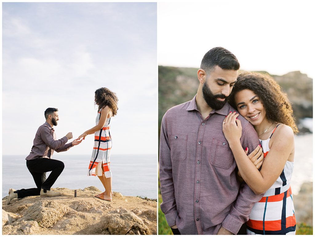 man down on one knee; couple portrait where the woman smiles at the camera