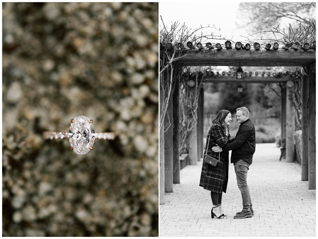 close up photo of Carmel surprise proposal ring, black and white couple portrait under trellis at Bernardus Lodge and Spa by film photographer AGS Photo Art