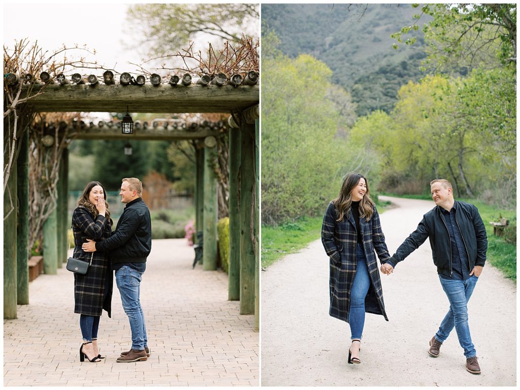 couple portraits under trellis in Bernardus rose garden. couple hand in hand walking down a path