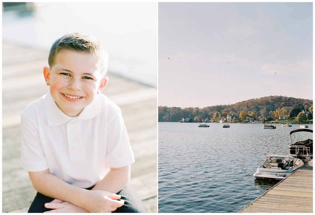 family portrait of a young boy on the docks in Lake Marten in New Jersey