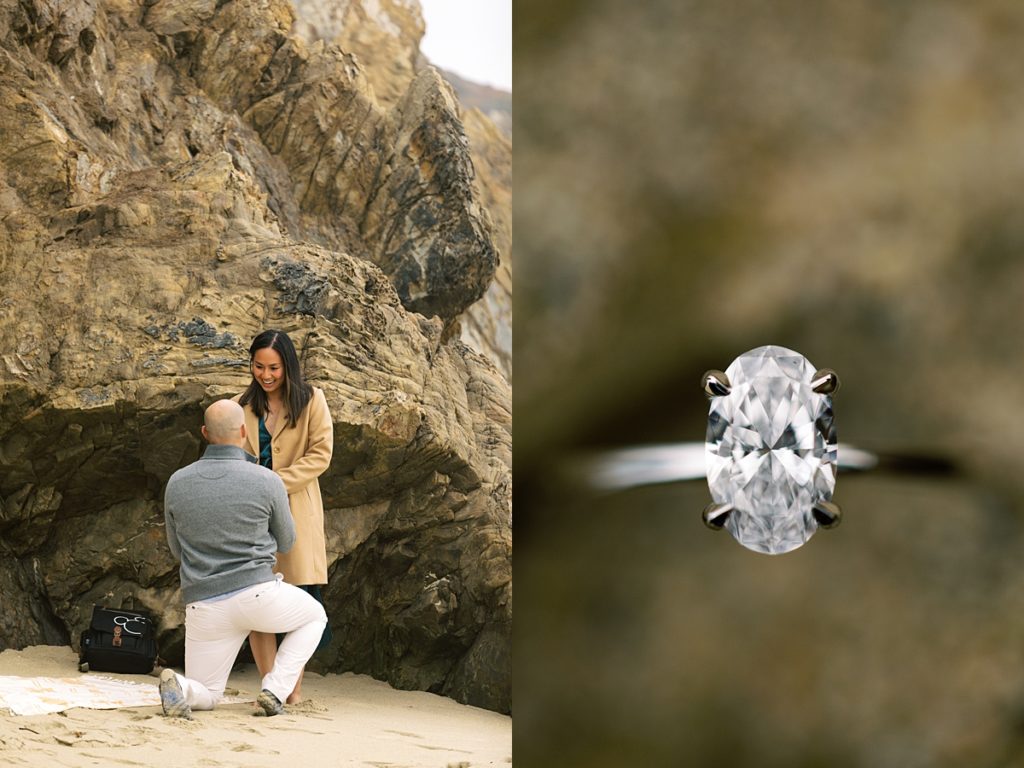 Big Sur Garrapata Beach surprise proposal; oval ring by film photographer AGS Photo Art