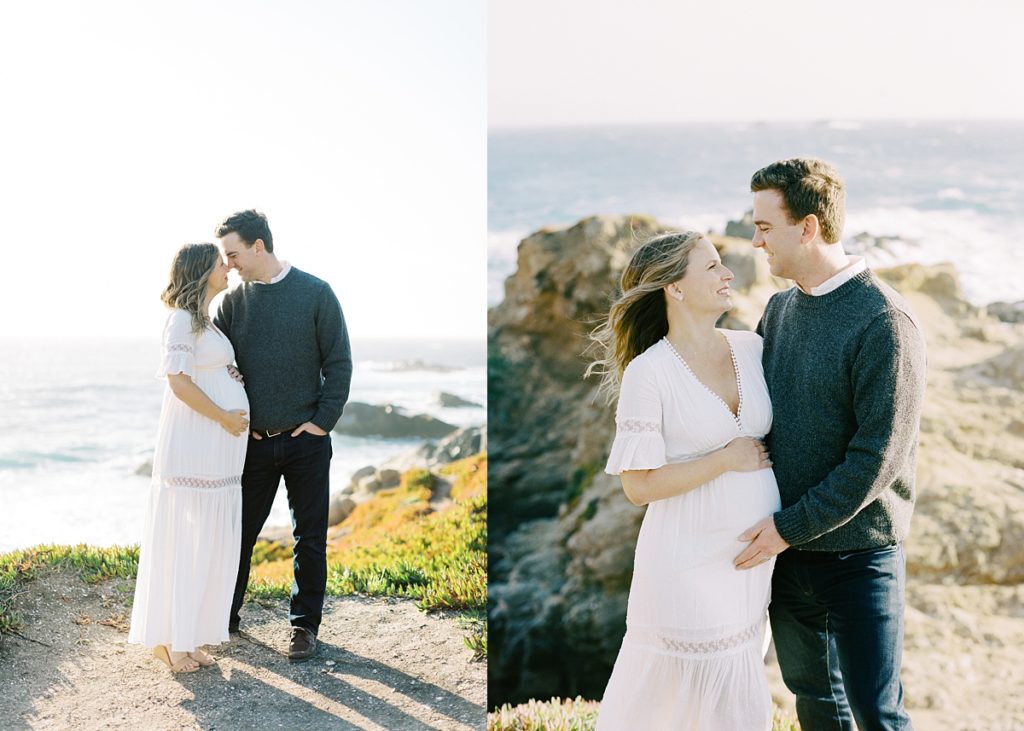 Big Sur maternity session couple portraits; the couple touching their noses together and embracing, mom and dad's hand on the baby bump