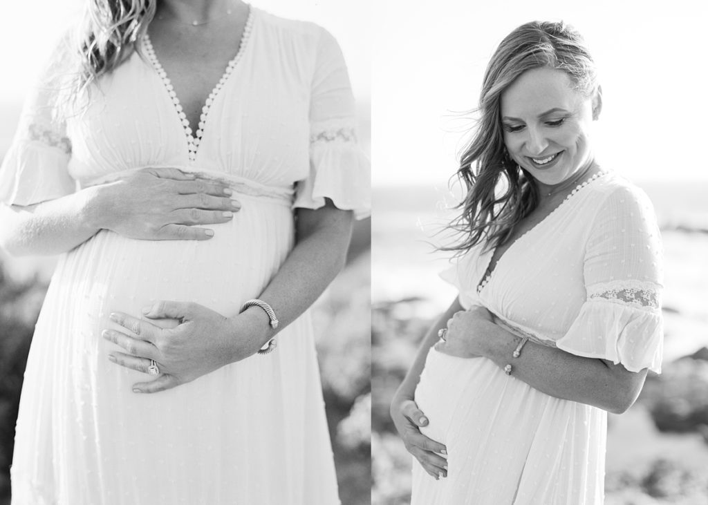black and white maternity session in Big Sur portraits of mom with her hands over her baby bump