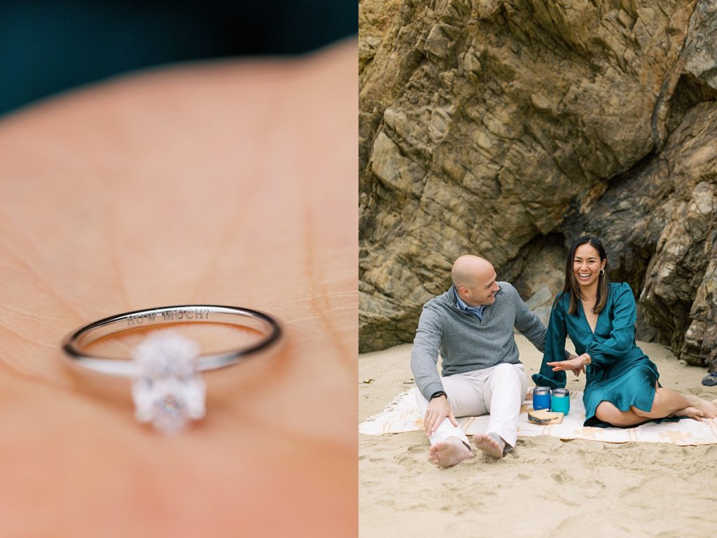 close up shot of Big Sur Garrapata Beach proposal ring with the words "how much?" engraved inside the bang; couple smiling at the camera