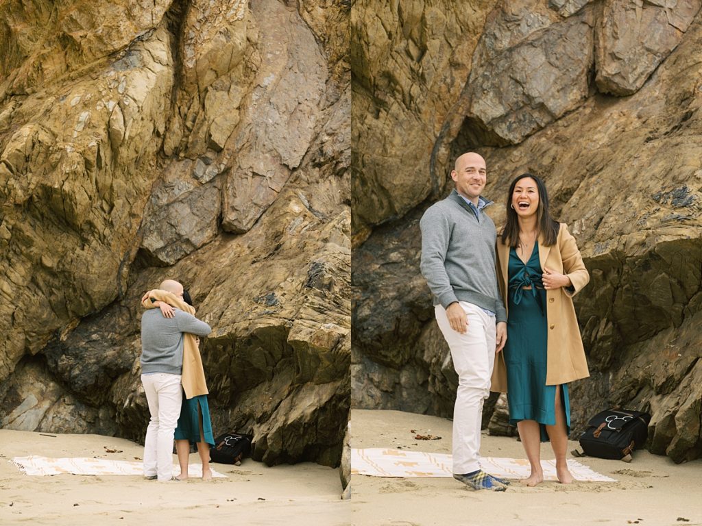 Garrapata Beach Big Sur surprise proposal; couple embracing and smiling by film photographer AGS Photo Art