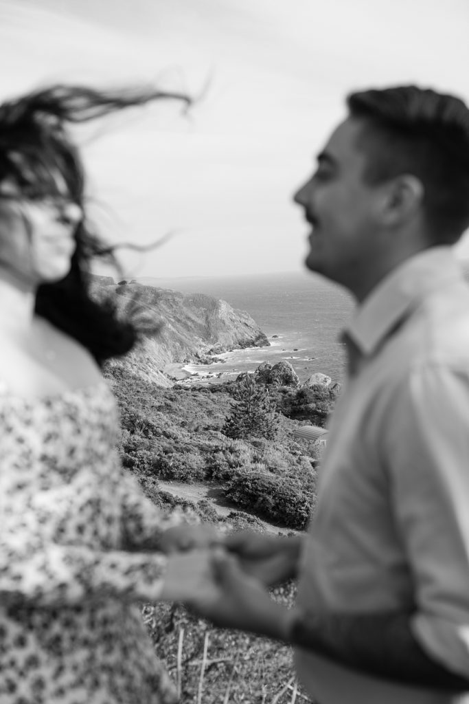 black and white portrait of couple's Treebones Big Sur Surprise Proposal by film photographer AGS Photo Art