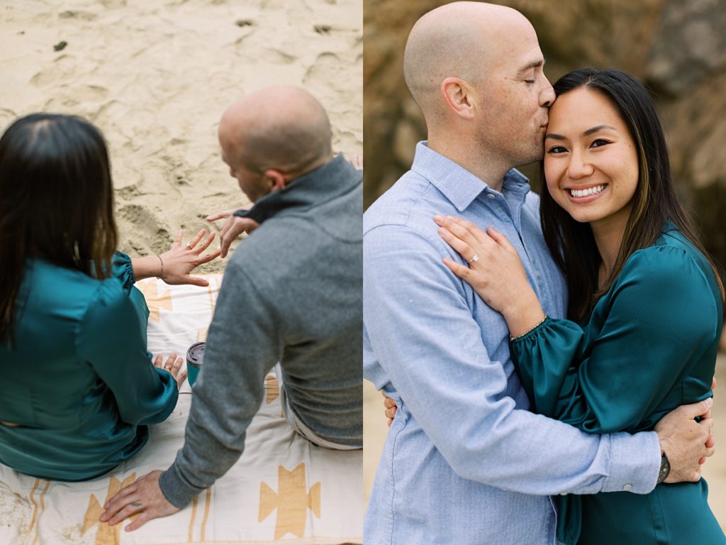 portraits of the couple embracing and holding each other's hands during their Treebones Big Sur Surprise Proposal
