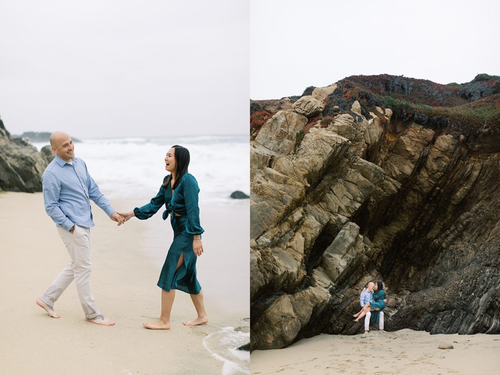 couple portrait side by side with a photo of their surprise proposal ring in between pebbles