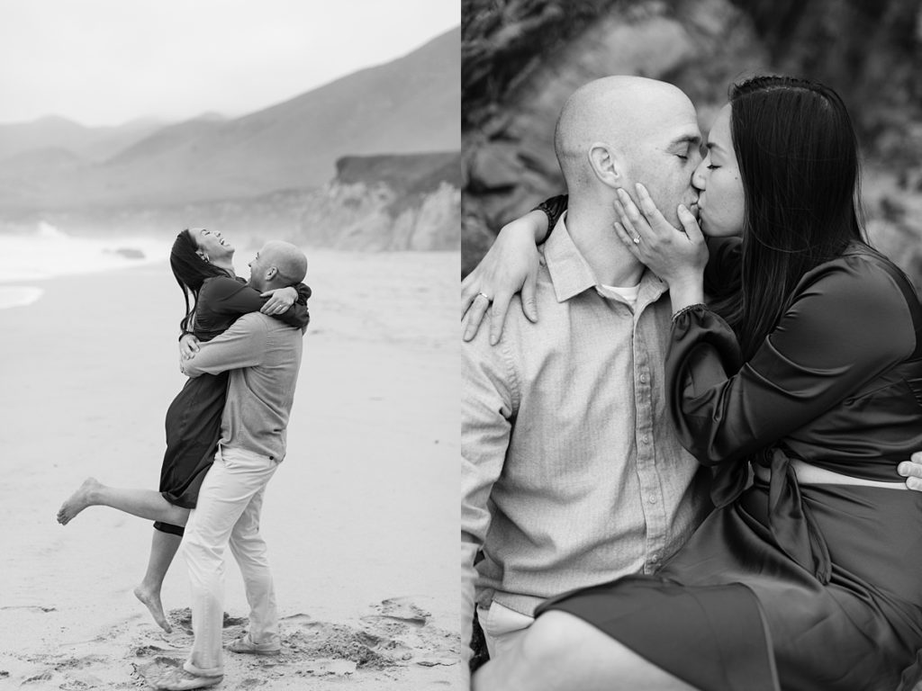black and white Big Sur Garrapata Beach proposal photographys of the couple embracing happily then sharing a kiss by film photographer AGS Photo Art