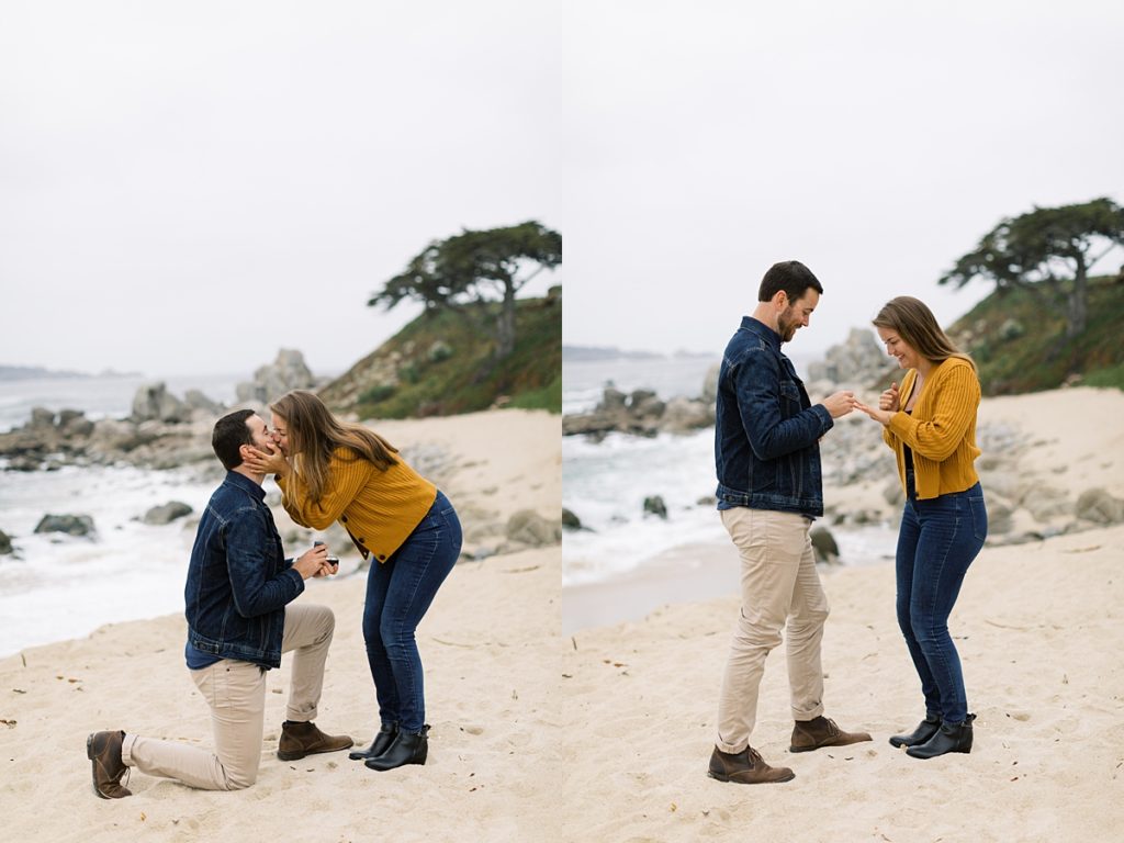 couple sharing a kiss at Carmel beach for their surprise proposal; the couple smiling at the ring on the fiancée's finger