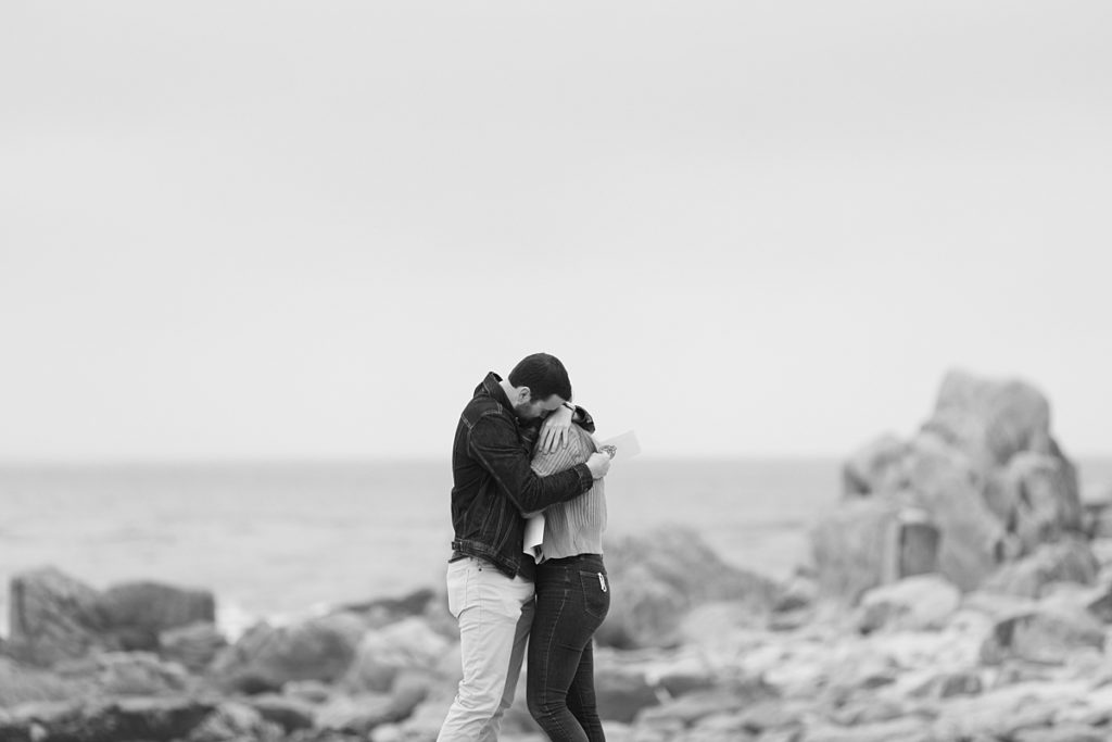Carmel Beach black and white portrait of the couple emrbacing by film photographer AGS Photo Art