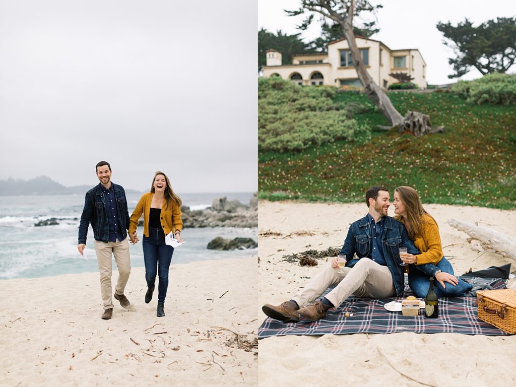 happy, smiling couple coming towards the camera after the Carmel by the Sea surprise proposal was revealed; couple enjoying their picnic at Carmel Beach by film photographer AGS Photo Art
