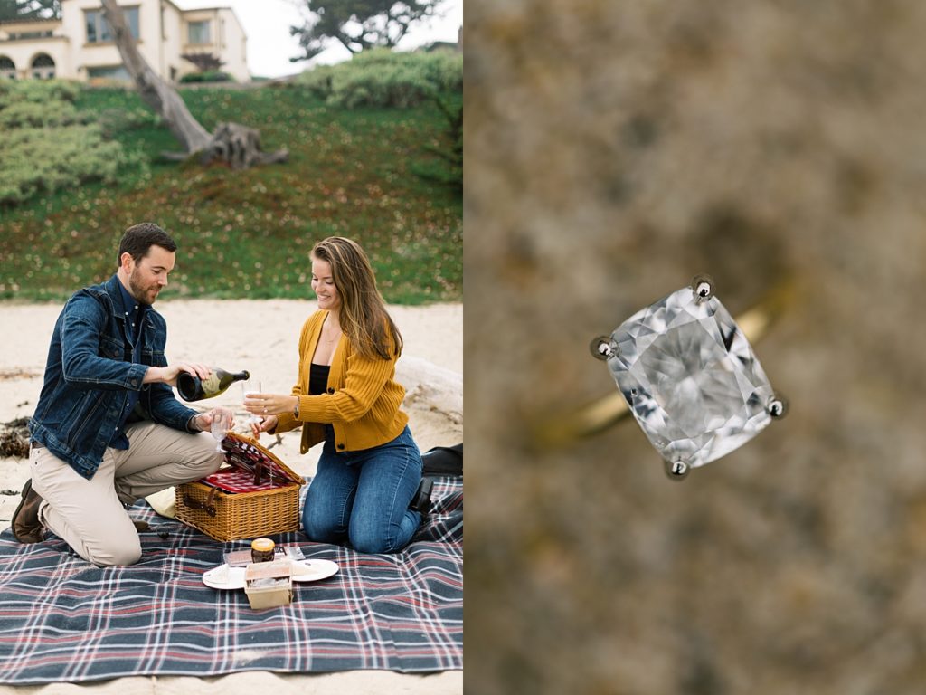 Carmel by the Sea surprise proposal with a picnic on the sand; close up photo of proposal ring in the sand by film photographer AGS Photo Art