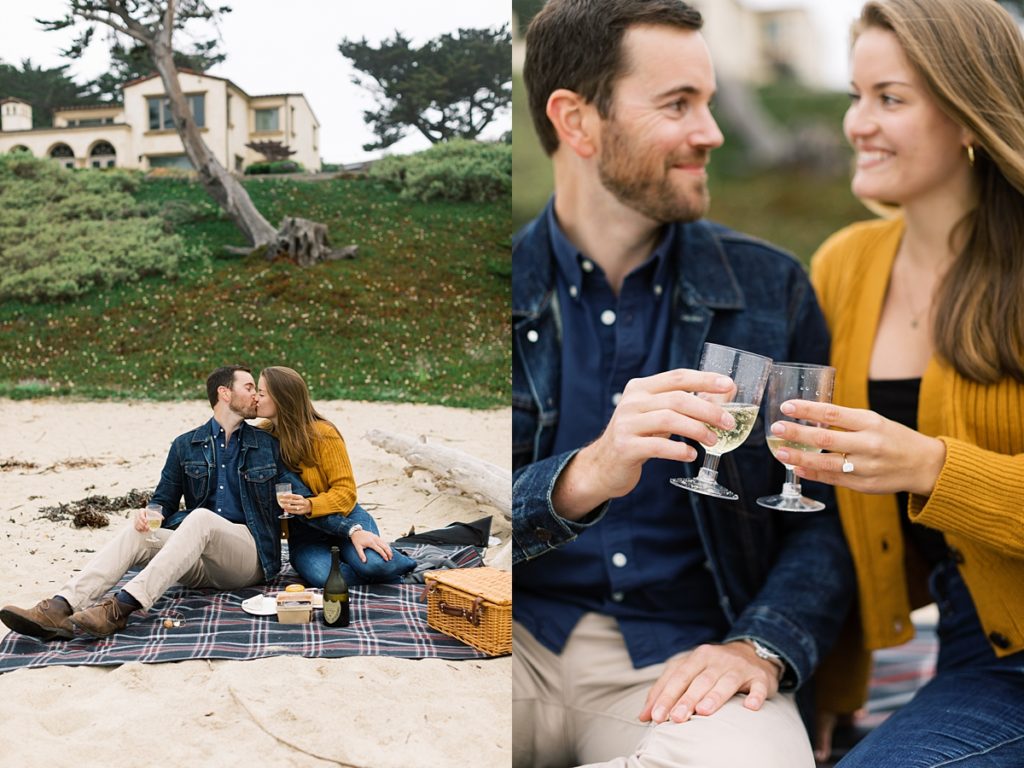 couple sharing a kiss on the beach during their picnic and toasting champagne glasses by film photographer AGS Photo Art