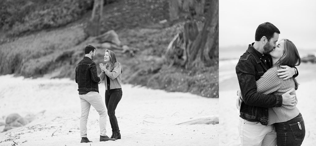 black and white portraits of the couple at Carmel Beach for their Carmel by the Sea surprise proposal