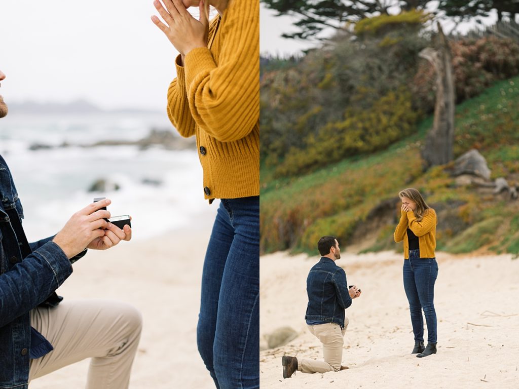close up photo of Carmel by the Sea surprise proposal with the ring box being opened up; further away photo of the proposal with the woman's hands covering her surprised face