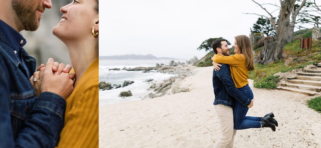 close up photo of the couple embracing with a focus on their holding each other's hands and smiling; portrait of a woman jumping into her fiancé's arms during their Carmel by the Sea surprise proposal