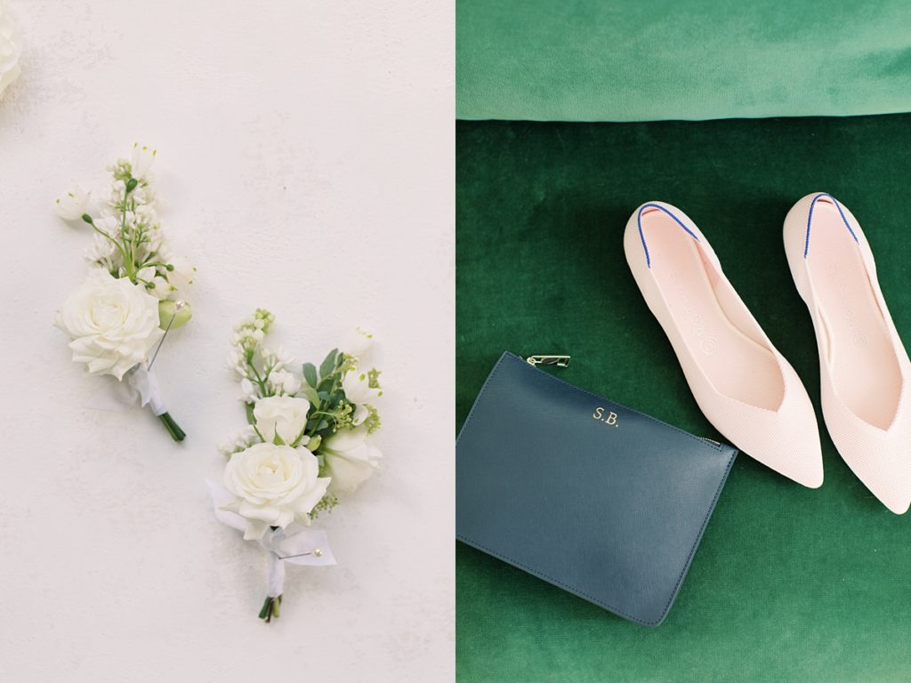 wedding day details: white rose boutonnières, nude shoes by Rothy's, clutch with bride's initials by film photographer AGS Photo Art